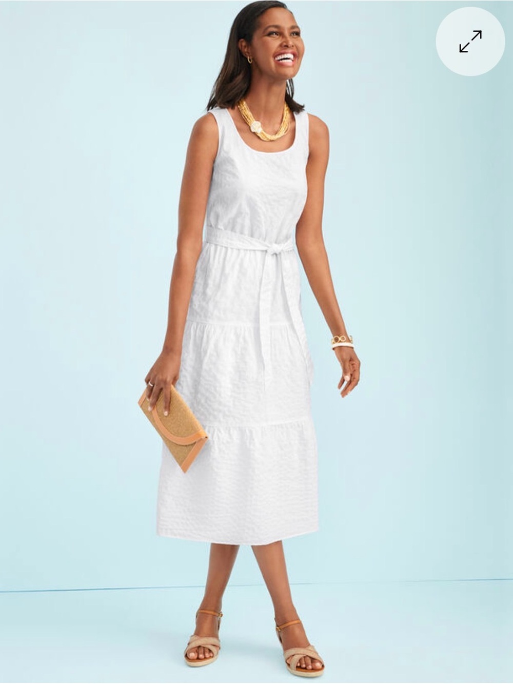 Talbots White Sleeveless Cotton Textured Dress with Bow Waist size 12 large
